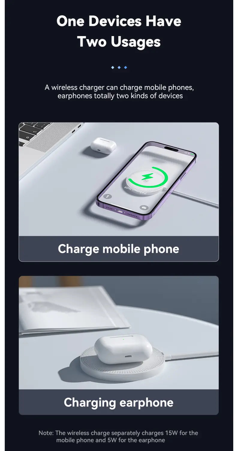iPhoneのワイヤレス充電向けに設計された、マグネット式ワイヤレス急速充電パッド上に置かれたパープルフレームのスマートフォン。