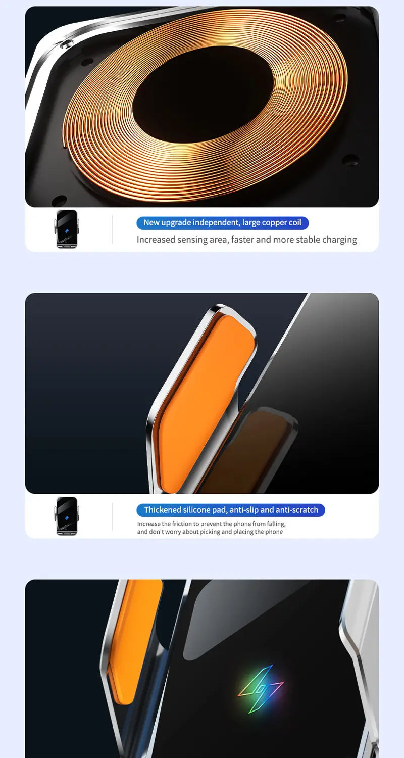 Wireless charging phone holder with auto clamping featuring a copper coil and silicone pad wireless charger for secure phone placement.