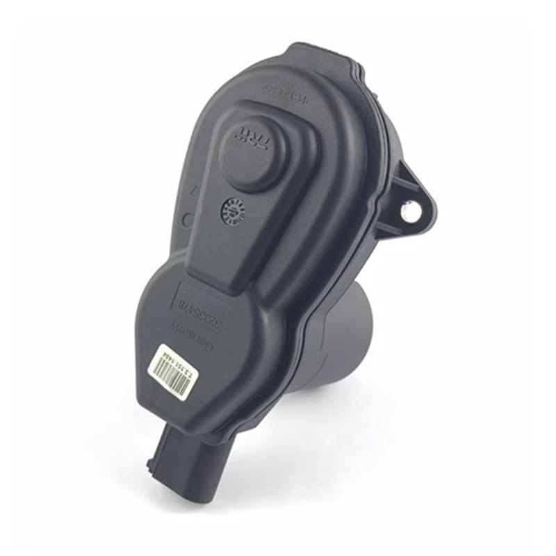 Schwarzer Kunststoff-Changan-Cs75-Hinterbremsaktuator-Motor mit geformten Konturen und Barcode-Etikett, von der Rückseite dargestellt