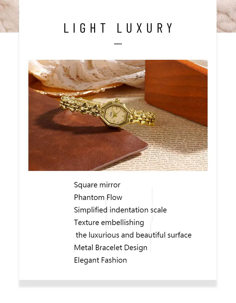 Gold-toned ladies luxury quartz watch with an octagonal face and a textured braided metal bracelet.