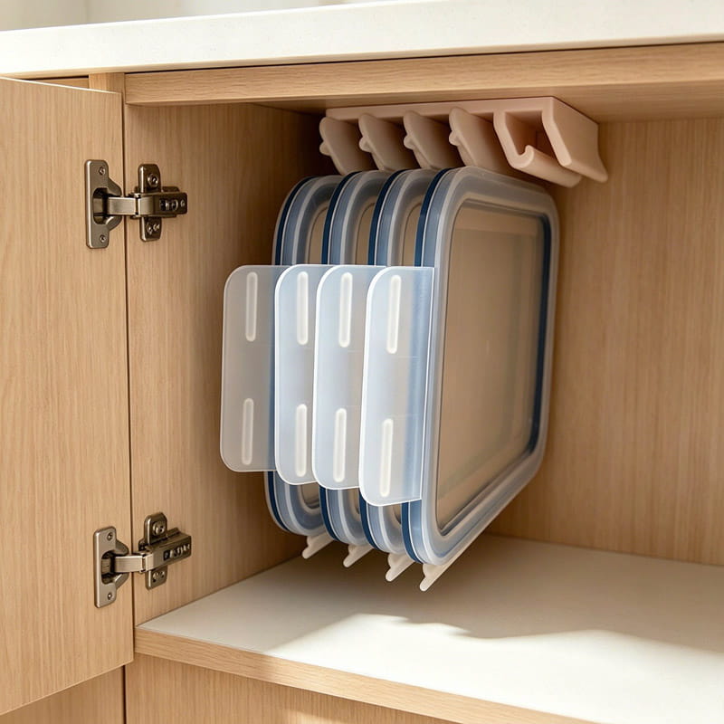 Récipients de conservation des aliments en plastique transparent, avec bords d’étanchéité bleu, rangés avec soin et suspendus à un organisateur de placard en bois beige à l’aide d’un support de couvercles de récipients de conservation des aliments en plastique et d’une tringle sous étagère.