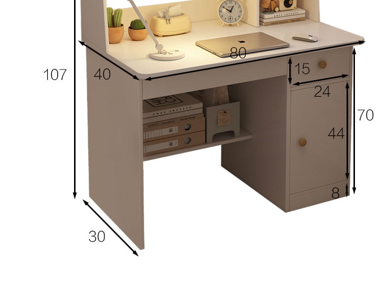 Beige modern wood student computer desk with integrated bookshelf featuring a sleek minimalist design and light wood finish.