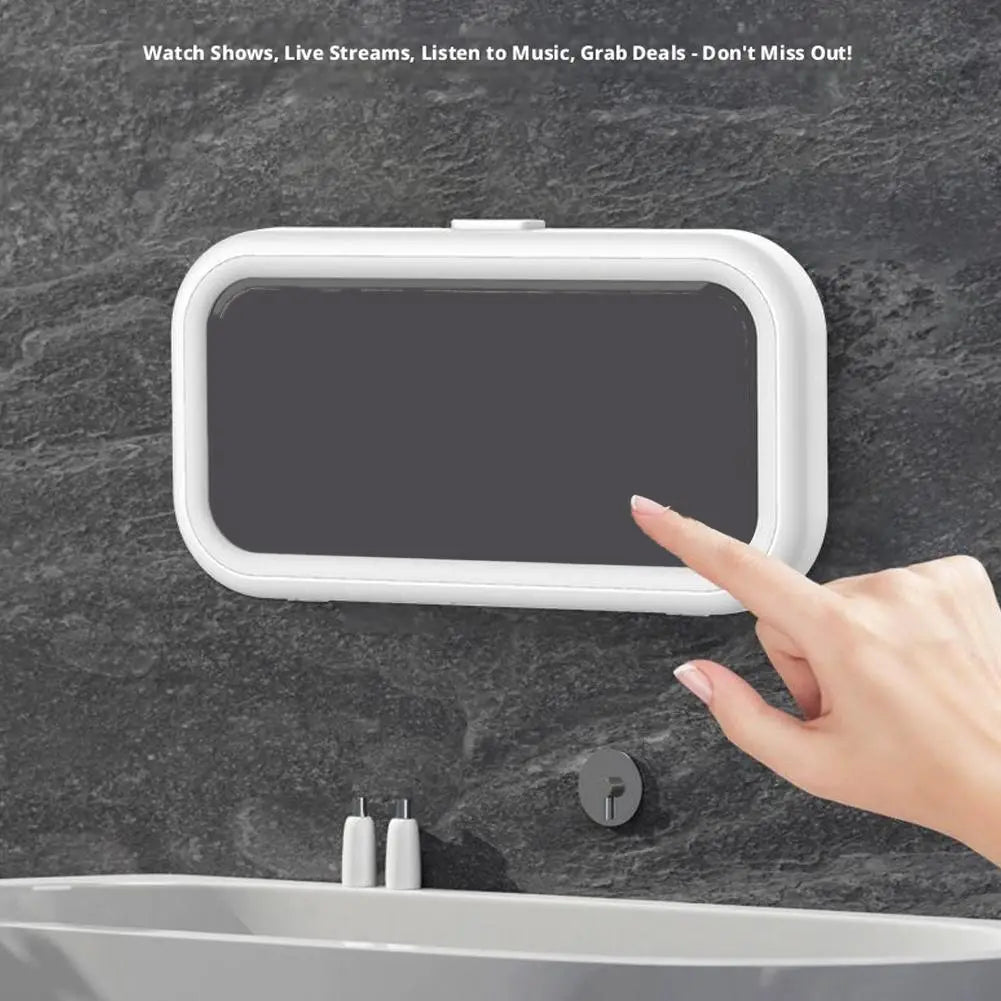 White rectangular wall-mounted smart mirror with sleek modern design and rounded edges shown with waterproof case 360 degree rotating shower phone holder.