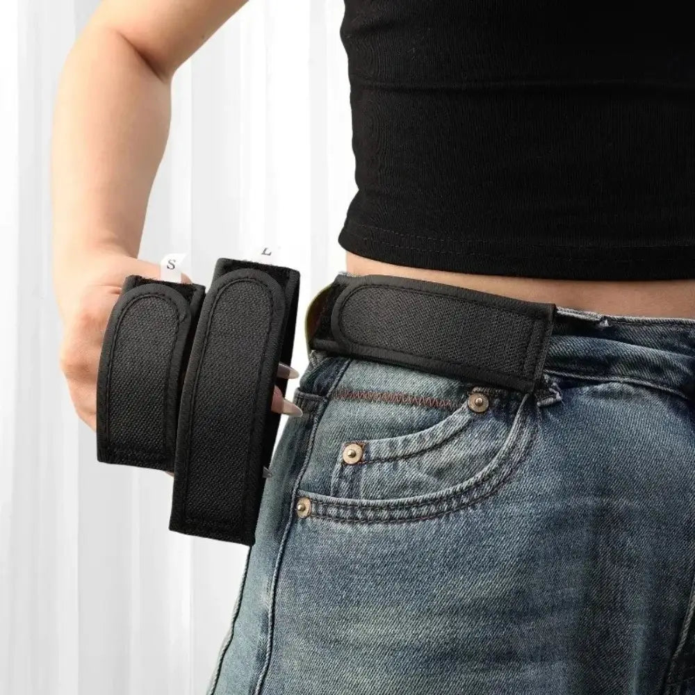 Ceinture élastique sans boucle noire pour hommes et femmes, avec deux poches en tissu texturé fixées, étiquetées s et l