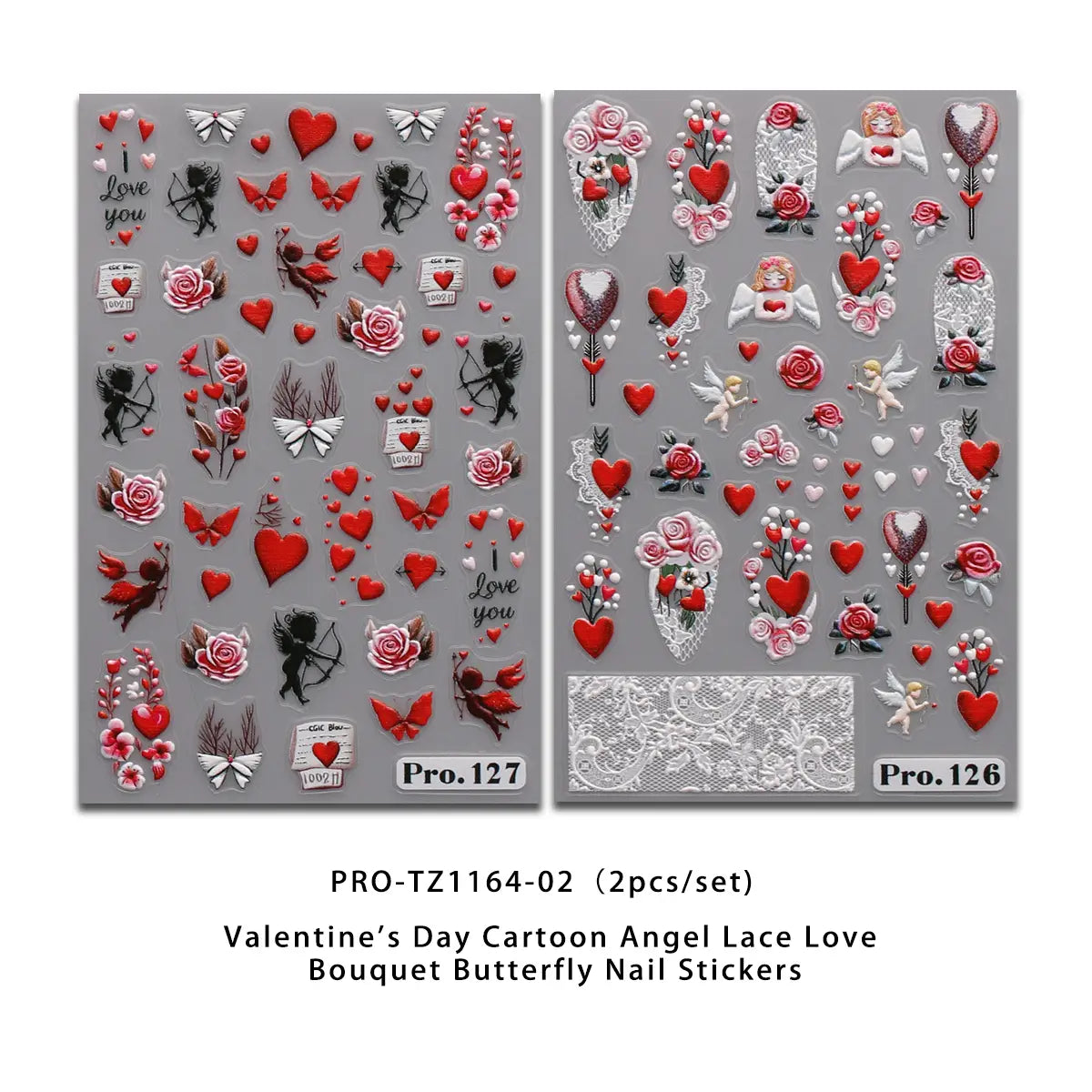 Pegatinas para uñas de San Valentín que presentan diseños florales de ángel, encaje, ramo de amor, mariposa y corazón en rojo, rosa y blanco, con acentos negros para calcomanías de arte de uñas DIY.