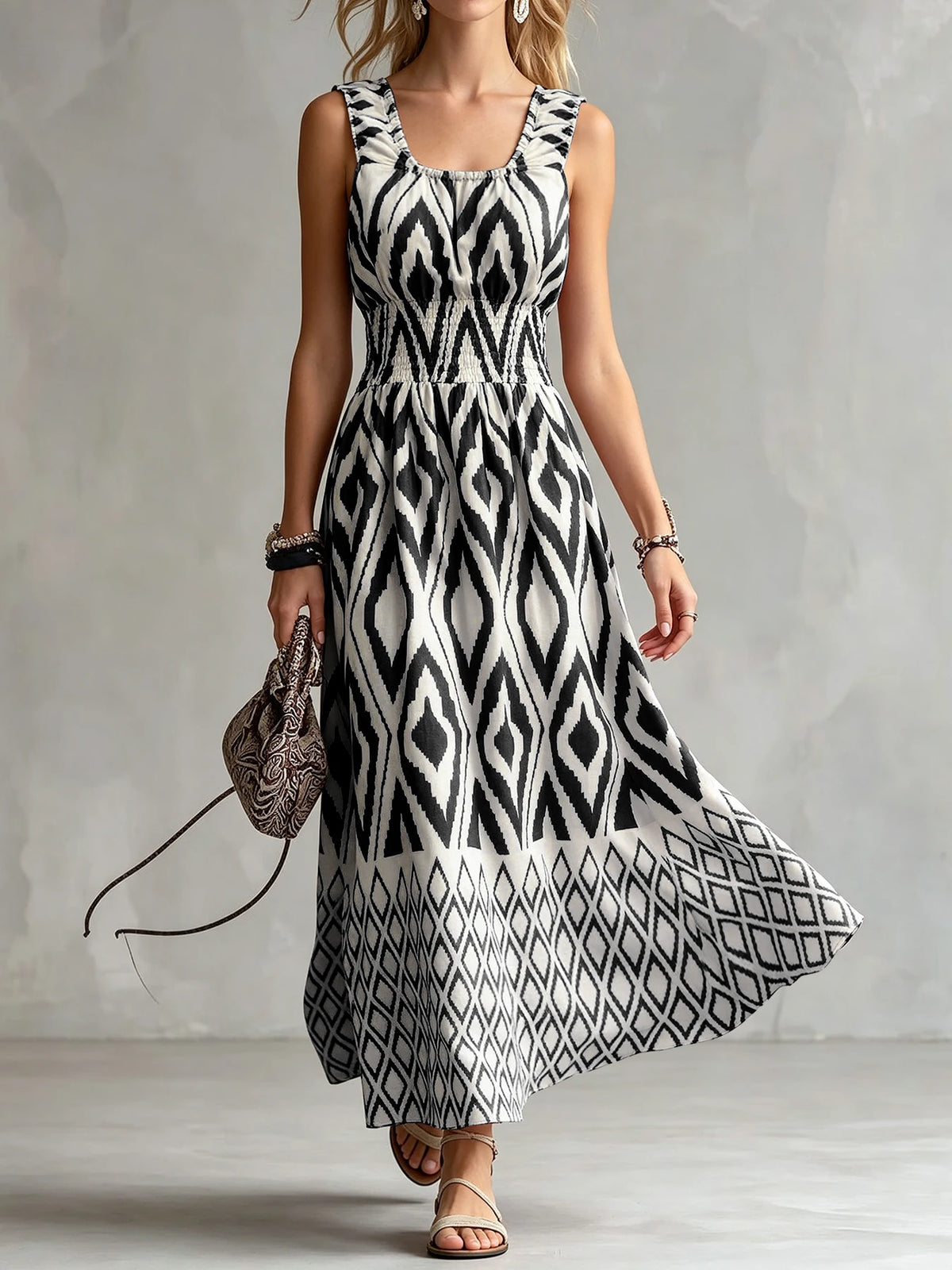 Women's Vintage Ethnic Ikat Pattern Sleeveless Square Neck Smocked Bust Tiered Casual Midi Dress