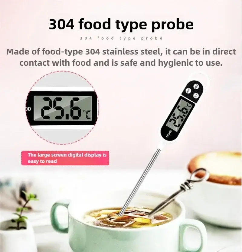 Ein elegantes digitales Fleischthermometer mit schwarzem und silbernem Design aus 304-Edelstahl für eine sichere direkte Kontaktaufnahme mit Lebensmitteln.