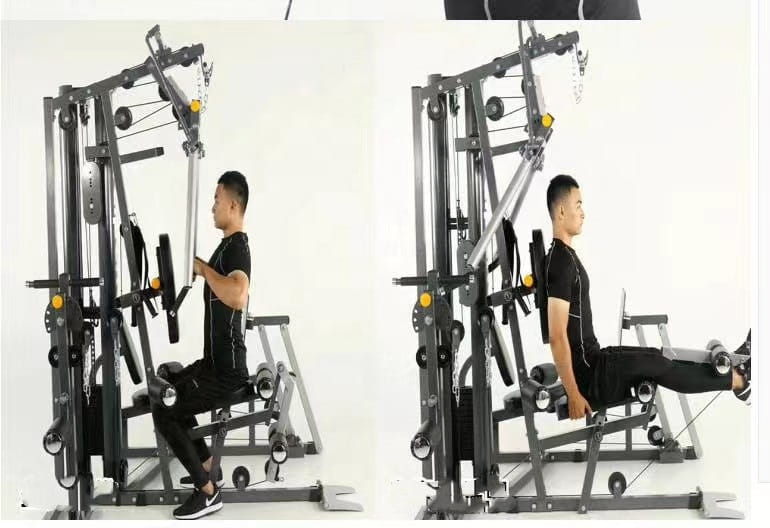 Black metal 3-station multi-function home gym equipment with adjustable cables and pulleys for versatile weight training.