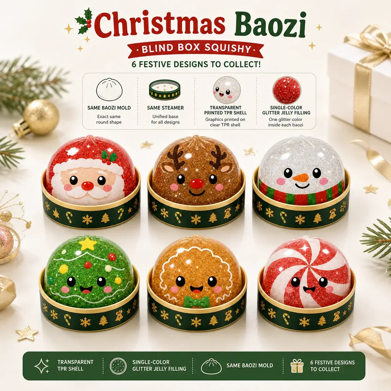 Christmas squeeze toy stress relief dumplings featuring transparent tpr shells and glitter jelly fillings designed for festive stress relief and christmas party fun.