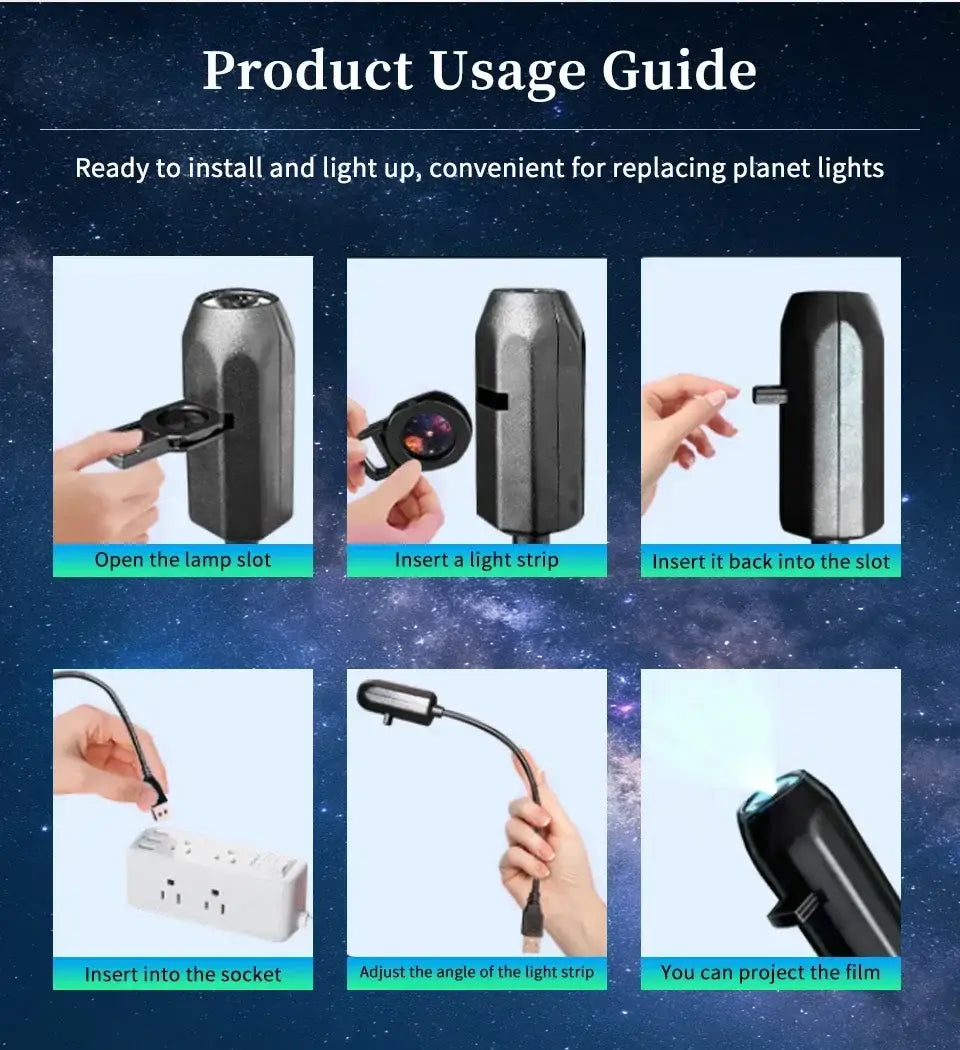 projecteur de galaxie ciel étoilé cylindrique noir avec bande lumineuse réglable, bras flexible et emplacement pour lampe, pour projections célestes en série de diapositives, veilleuse USB