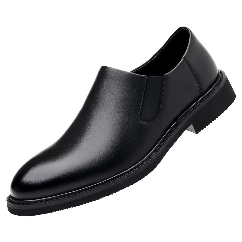 Chaussures habillées à enfiler en cuir pour hommes, marron, en cuir noir avec une finition polie et élégante, ainsi qu’une semelle à profil bas.