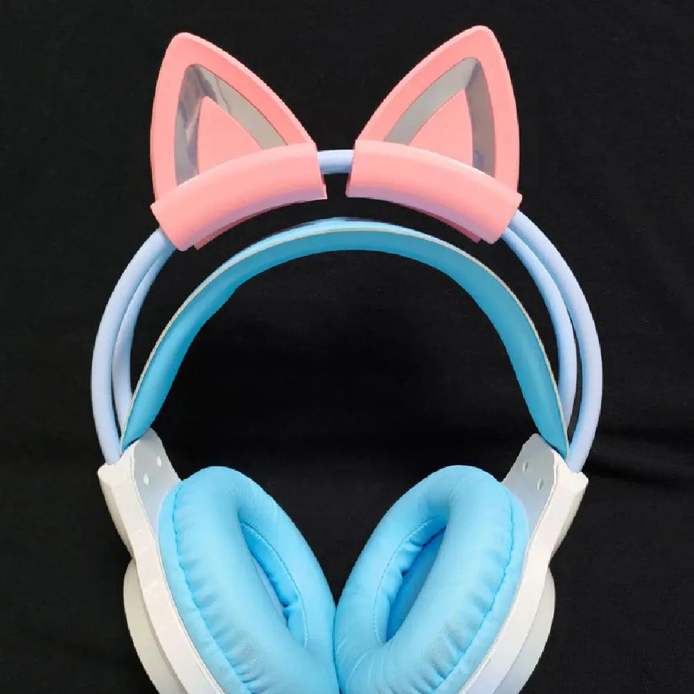 Attaches pour casque avec oreilles de chat en silicone rose pastel et bleu clair, avec des oreillettes souples et rembourrées pour un port confortable