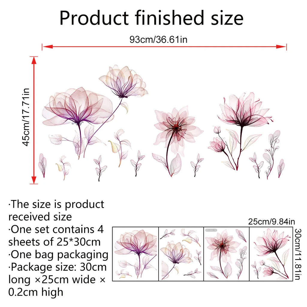 Pink Flowers Wall Stickers for Living Room Bedroom Background Wall Decor Girls's Room Home Decorative Stickers Wall Decals Mural