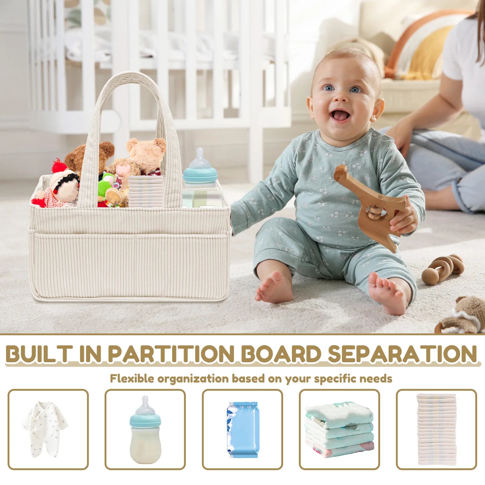 Baby Diaper Caddy Organizer Corduroy Diaper Storage Basket with Handle Foldable Multi-pocket Newborn Nappy Storage Organizer