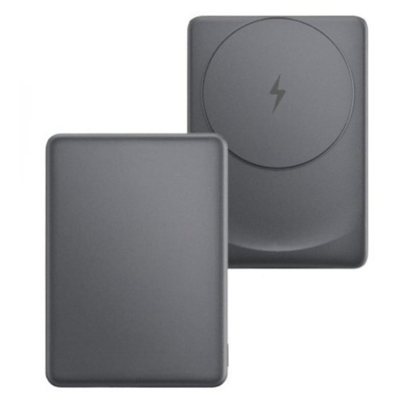 Dunkelgraues rechteckiges kabelloses Ladepad mit dezentem Blitzpiktogramm, als Powerbank für OnePlus-Handys mit hoher Kapazität und magnetischem Laden gestaltet.