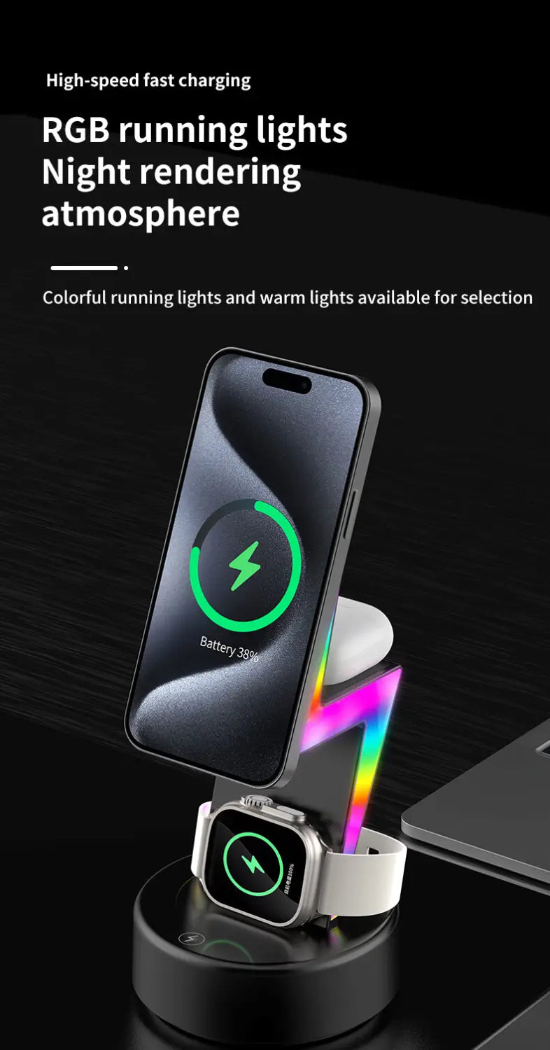 black wireless charging 3 in 1 rgb stand with magnetic feature and rgb running lights designed for iphone and apple watch offering efficient wireless charging output power.
