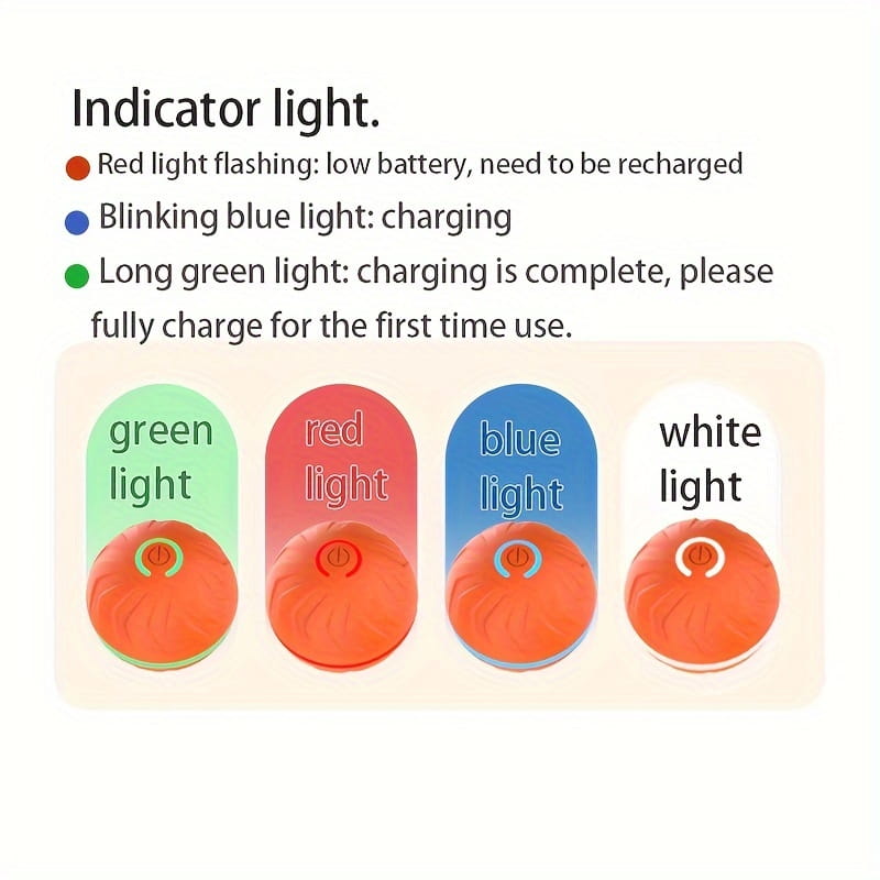 orange circular indicator light with a central power symbol on interactive dog toys smart rolling ball led showing green for full charge red flashing for low battery blue blinking for charging and white for standby status in this toys type.