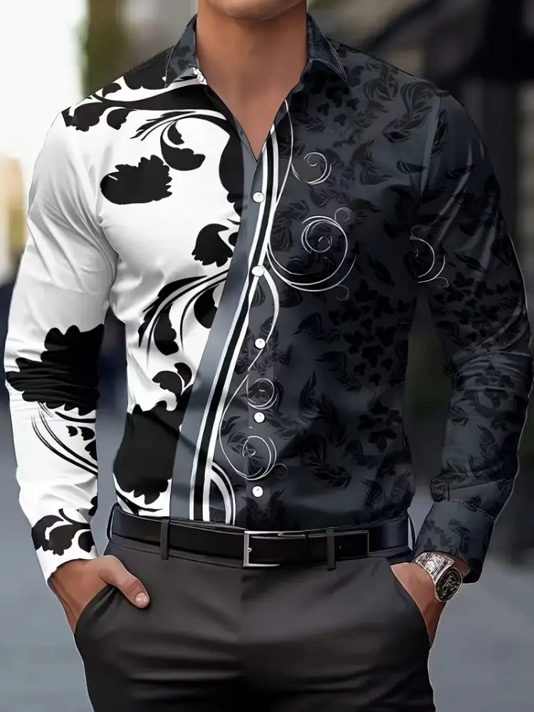 Black and white floral-patterned long-sleeve button-up Gold Fleck men’s casual shirt with a bold asymmetrical design.