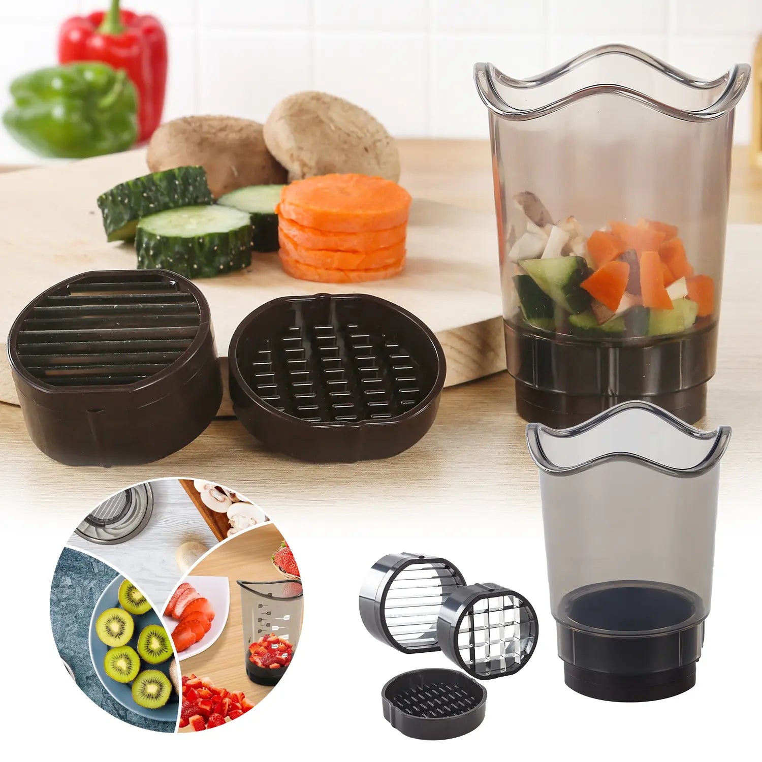 Handheld fruit and vegetable chopper slicer with clear plastic body and black interchangeable blades for slicing dicing and grating.