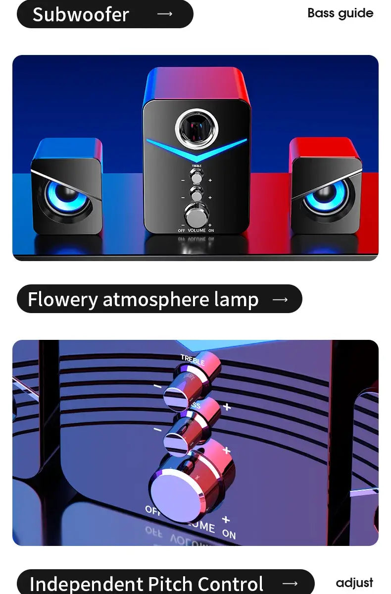 Caisson de basses du système d’enceintes de jeu Bluetooth noir et rouge avec accents d’éclairage à DEL bleues pour une expérience audio améliorée.
