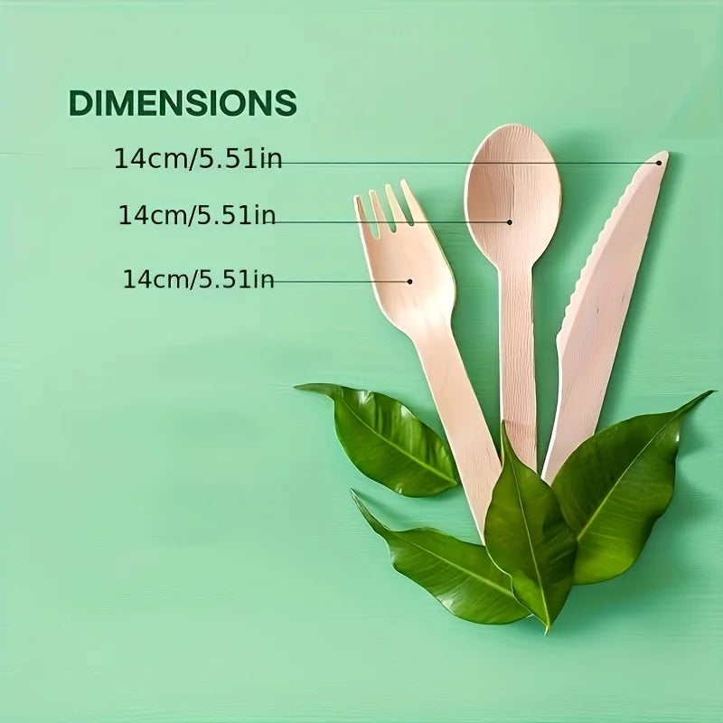A Set of Premium Wooden Cutlery – 100/200 Pieces of Disposable Cutlery (50/100 Forks, 25/50 Knives, 25/50 Spoons), Suitable for Events and Catering Services, Includes 5.5inch / 6.3inch Utensils, with a Wooden Table Cutlery