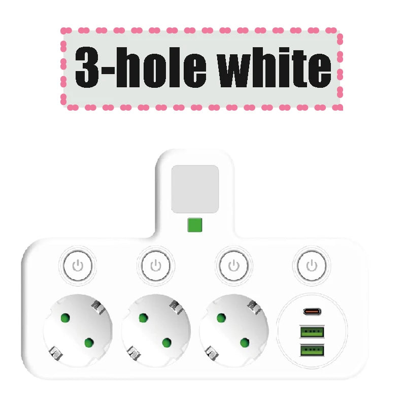 Wireless Wall Charger Socket with 3 AC Outlets +2 USB Ports+ 1 Type C 6-in-1 Plug Socket EU Plug Fast Charging power board