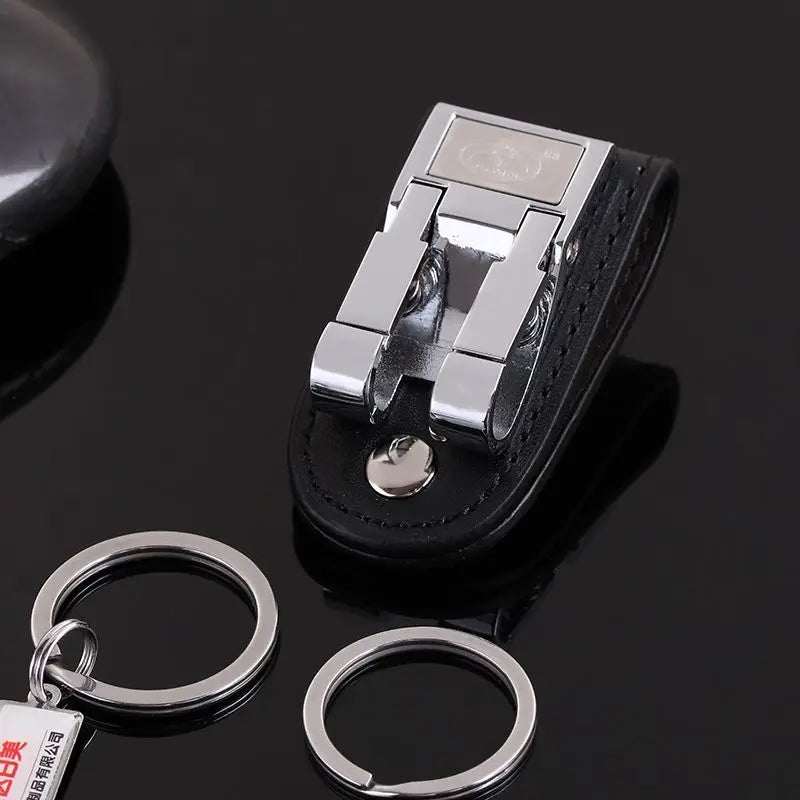 New Stainless Steel Genuine Leather 2 Loops Keychain Key Chain Key Ring Holder