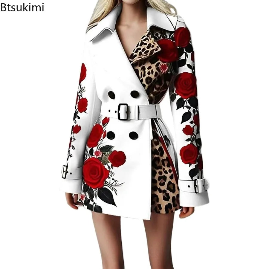 Women's Chic Trench Coat Red Rose Leopard Print Double Breasted Belted Lapel Long Sleeve Outerwear Winter Female  Casual Jackets