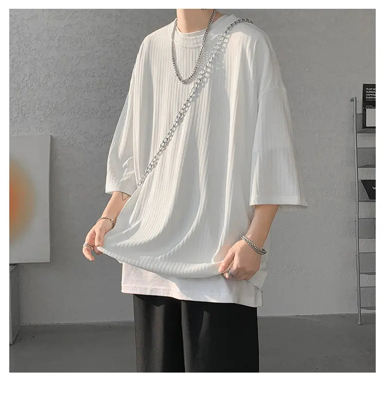 men striped oversized summer tshirt in white ribbed cotton with three-quarter sleeves and a relaxed fit