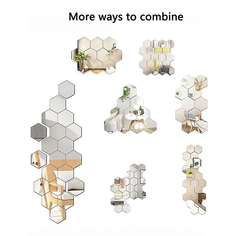 acrylic hexagon wall sticker 45 pcs featuring clear reflective glass hexagonal mirror decals with a sleek metallic frame for decorative wall accents.