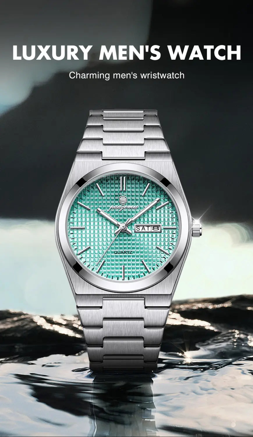 Silver-toned men’s quartz Paazomu luxury chronograph watch with textured turquoise dial and date display.