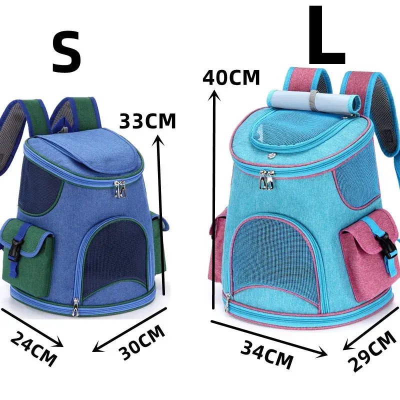 Mochila de viaje para mascotas de tela Oxford color azul y verde, con paneles de malla para ventilación, diseñada para caminatas y suministros para mascotas al aire libre.