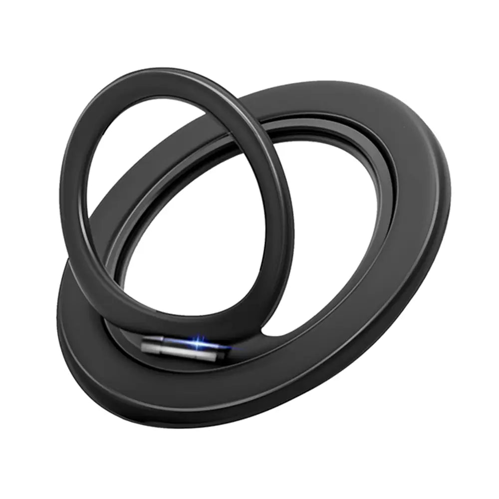 Portateléfono magnético negro y anillo para los dedos, con un diseño circular de acople elegante y discreto acento de luz azul.