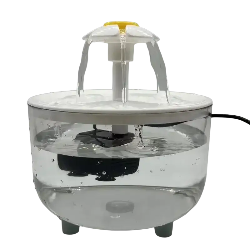 Clear plastic pet water dispenser with white base and yellow top featuring a waterfall design for cats