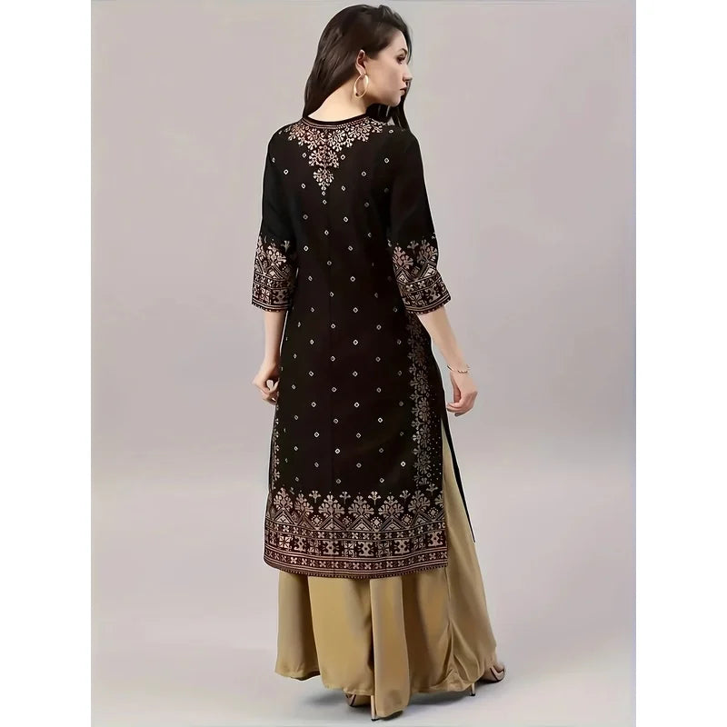 Women's Casual Ethnic Style Clothing Set round Neck Mid-Sleeved Dress Mid-Length Skirt Solid Color Elastic Waisted Pants