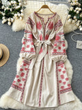 Bohemian Retro Ethnic Style Dress Women's Spring Autumn Embroidered Lace Up Lantern Sleeves Waist Cinching Long Dress A153