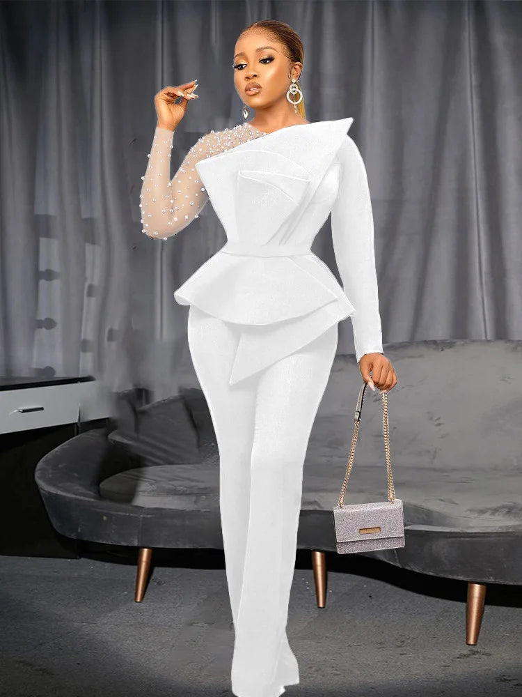 Elegant Jumpsuits & Rompers for Women O Nec Short Sleeve Beaded High Waisted Luxury Female Birthday Dinner Party Overalls Outfit