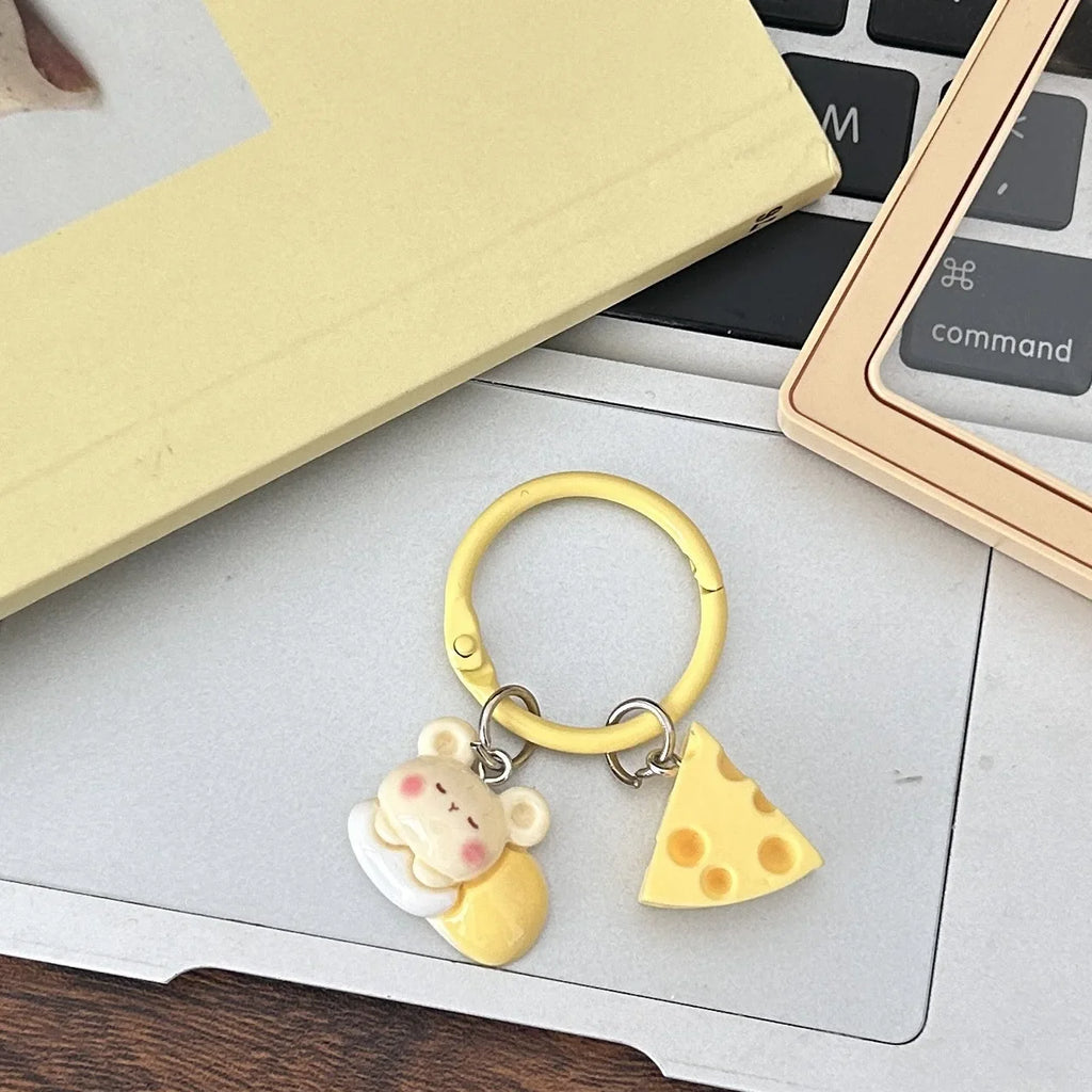 Cute Cartoon Cheese Mouse Keychain for Women Kawaii Bag Pendant Resin Animal Keyring DIY Key Chains Trinket Gifts for Girls