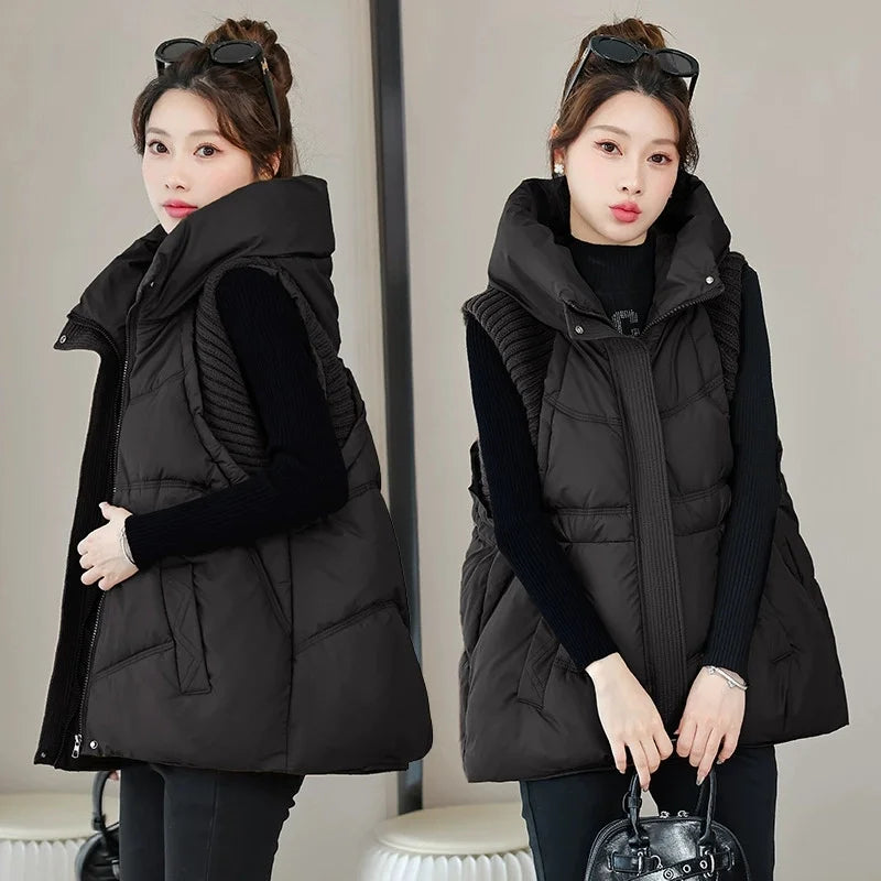 Winter Down Cotton Vest Jacket Women 2025 New Sleevele Jacket Hooded Parkas Warm Vest Coat Female Waistcoat Overcoat Ladies Tops
