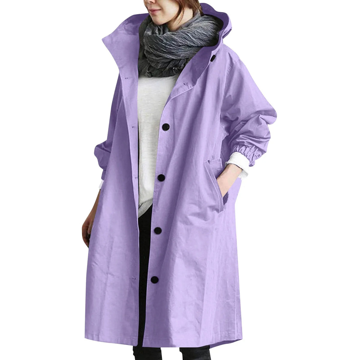 Trendy Women's Long Trench Coat Women's Solid Color Elegant Windbreaker Loose Comfortable Hooded Temperament Ladies Raincoat