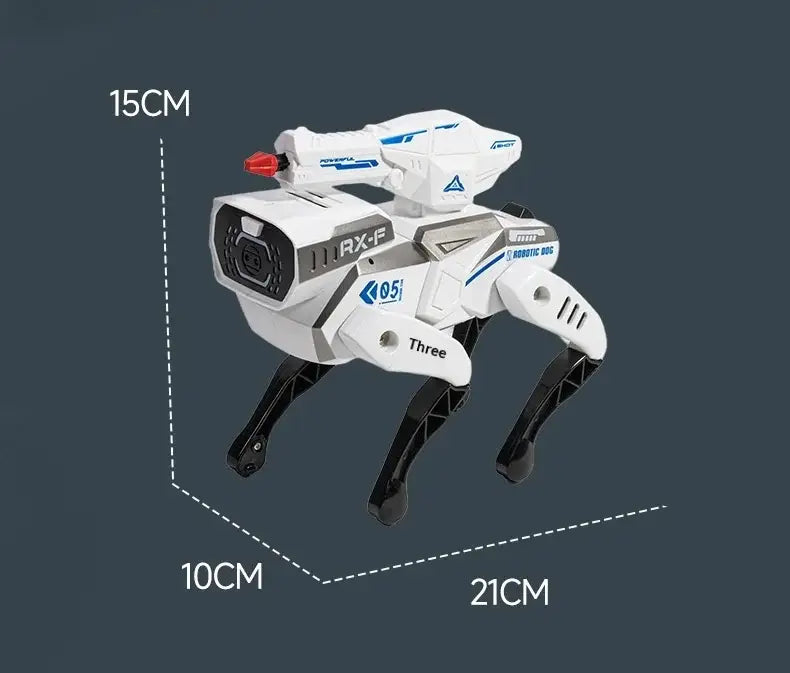 Interactive robotic dog toy with voice control in white and blue with black legs featuring rx-f branding and a red laser pointer on its head.