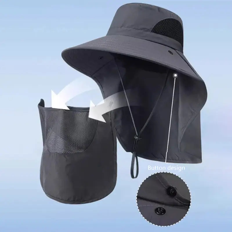 Chapeau de soleil noir avec rabat de nuque en maille amovible et fermeture par bouton, conçu pour la protection contre les UV.
