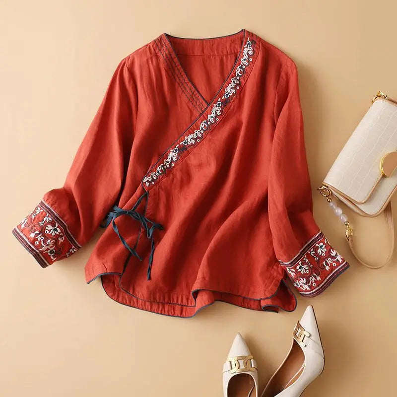 Women Ethnic Style Linen Cotton Blouse Summer Embroidered Wrap Top 3/4 Sleeve Tie Waist Loose Breathable Retro Casual Daily Wear