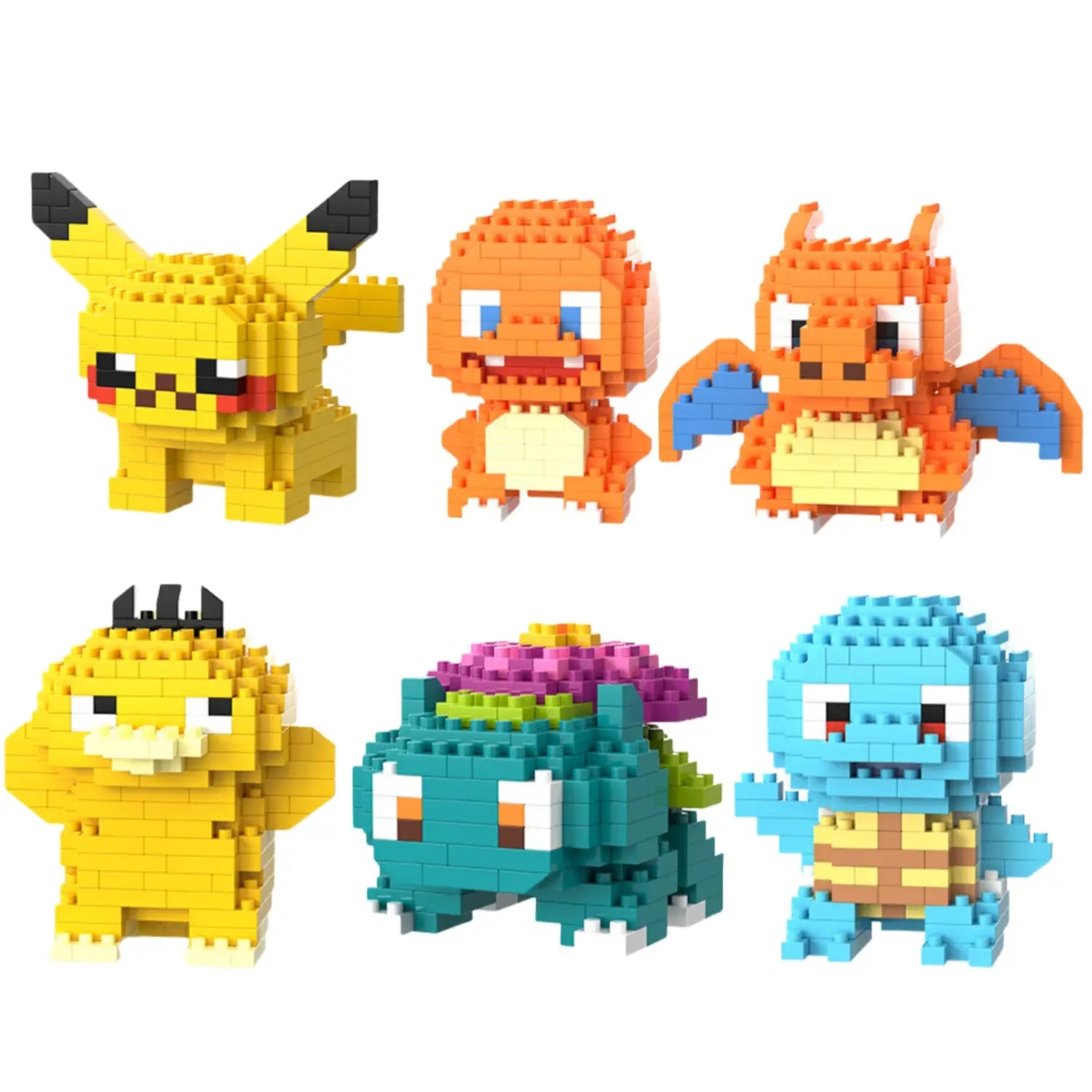 Set of six colorful Pokémon micro building block figures constructed from pixelated plastic blocks for collectible display.