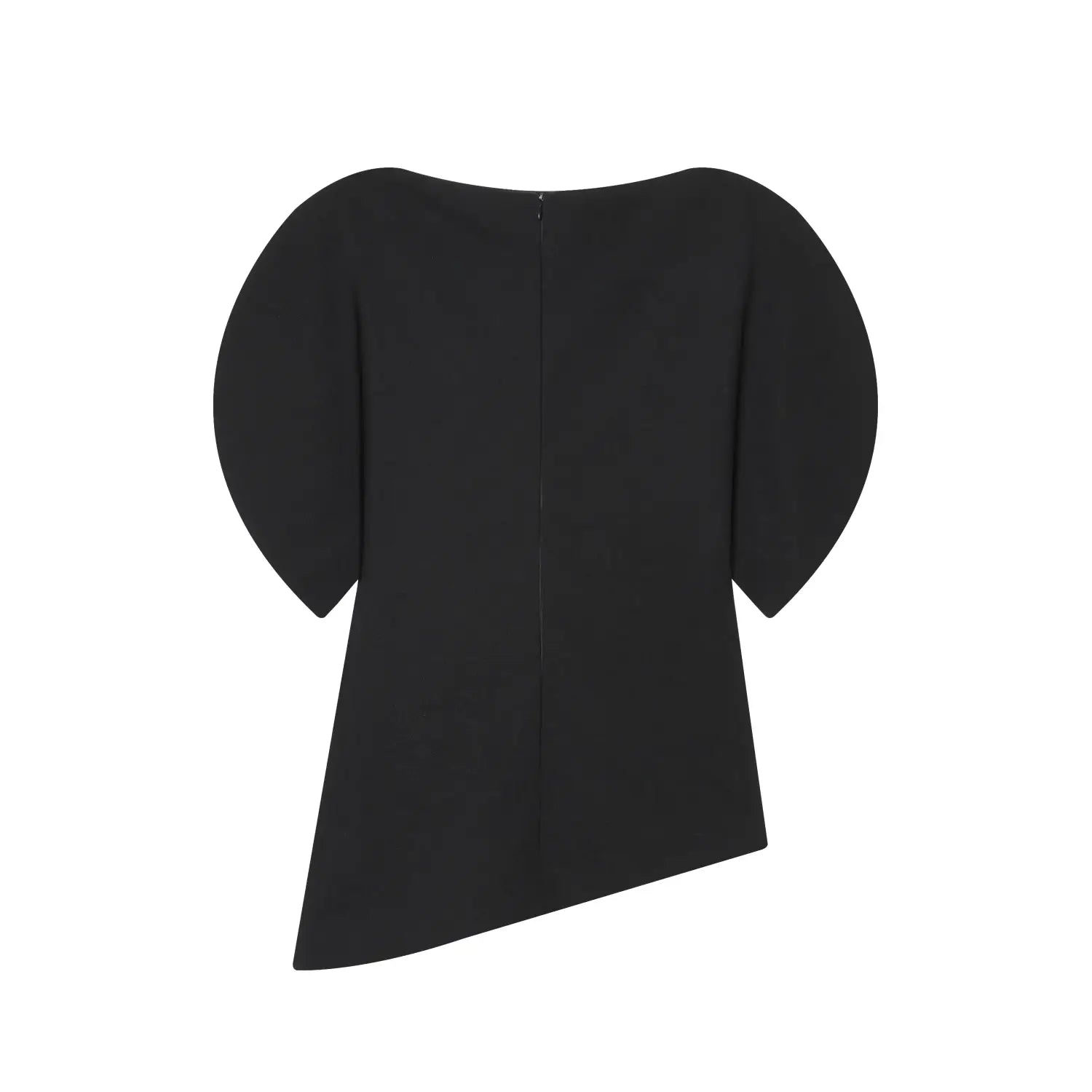 black blouse featuring wide puff sleeves and a central back zipper, showcasing the sleeve style from the back view for casual summer wear.