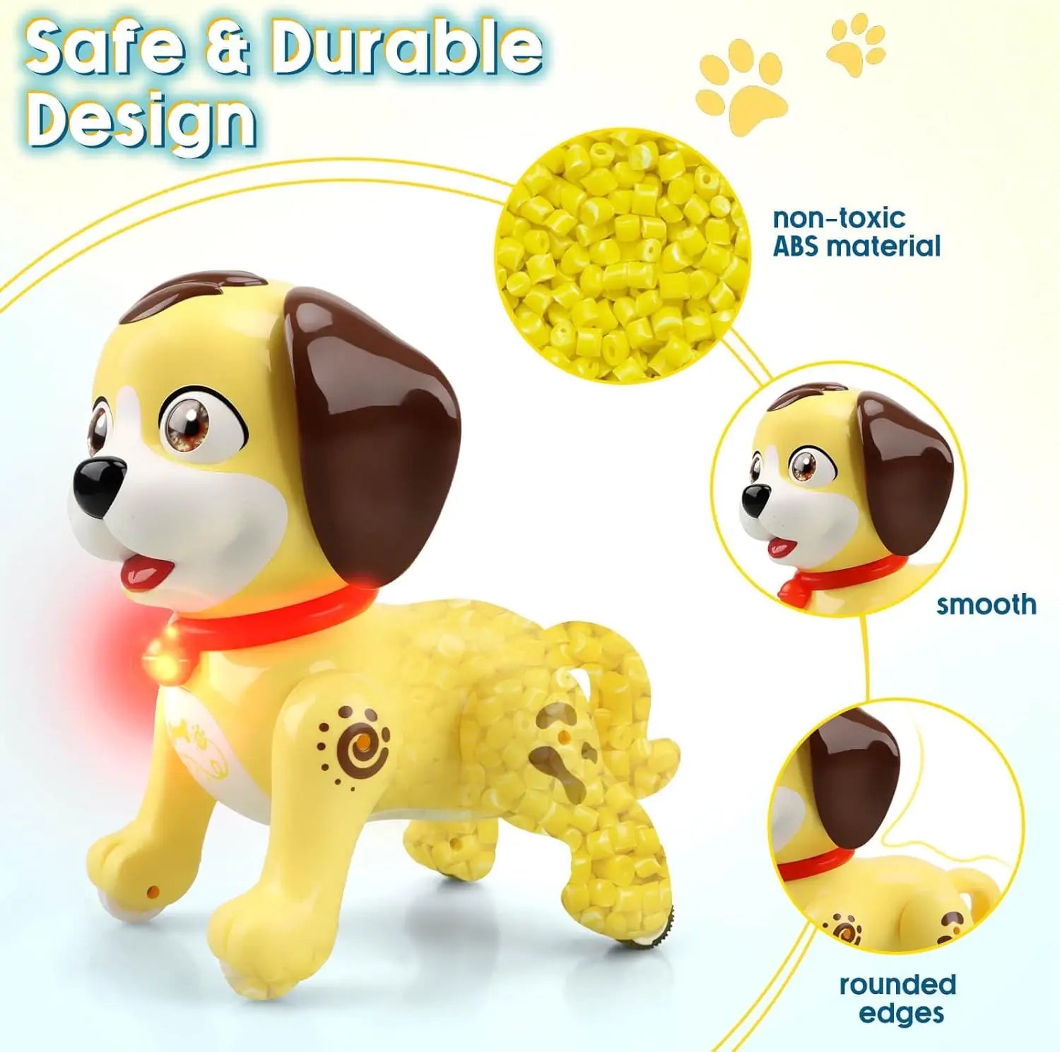 Yellow and brown battery operated remote control dog toy made of non-toxic ABS material with a red collar
