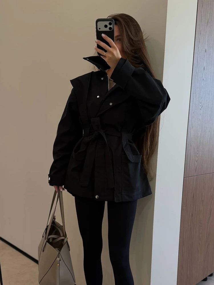 Women Short Trench Coat Belted Stand Collar Double Breasted Utility Jacket Oversized Pocket Chic Casual Office Commute Outerwear