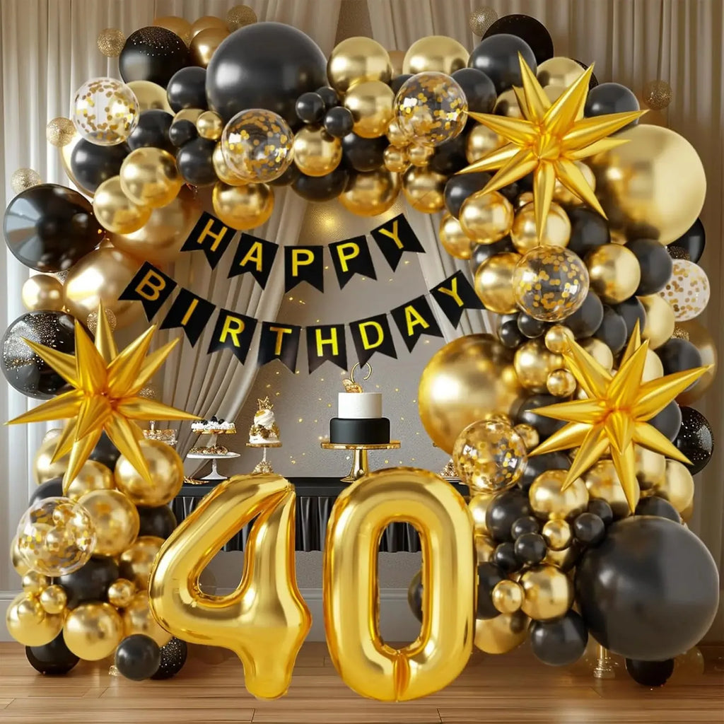 40/50/60th Birthday Decorations, Black Gold Balloon Arch Kit Star Foil Balloons Happy Birthday Banner for Anniversary Party