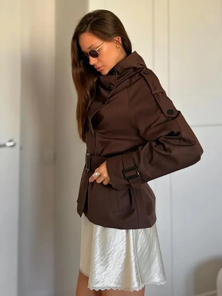 Minimalist Brown Belted Waist Trench Coat Women Vintage Double Breasted Stand Collar Jacket 2026 New Autumn Chic Casual Overcoat