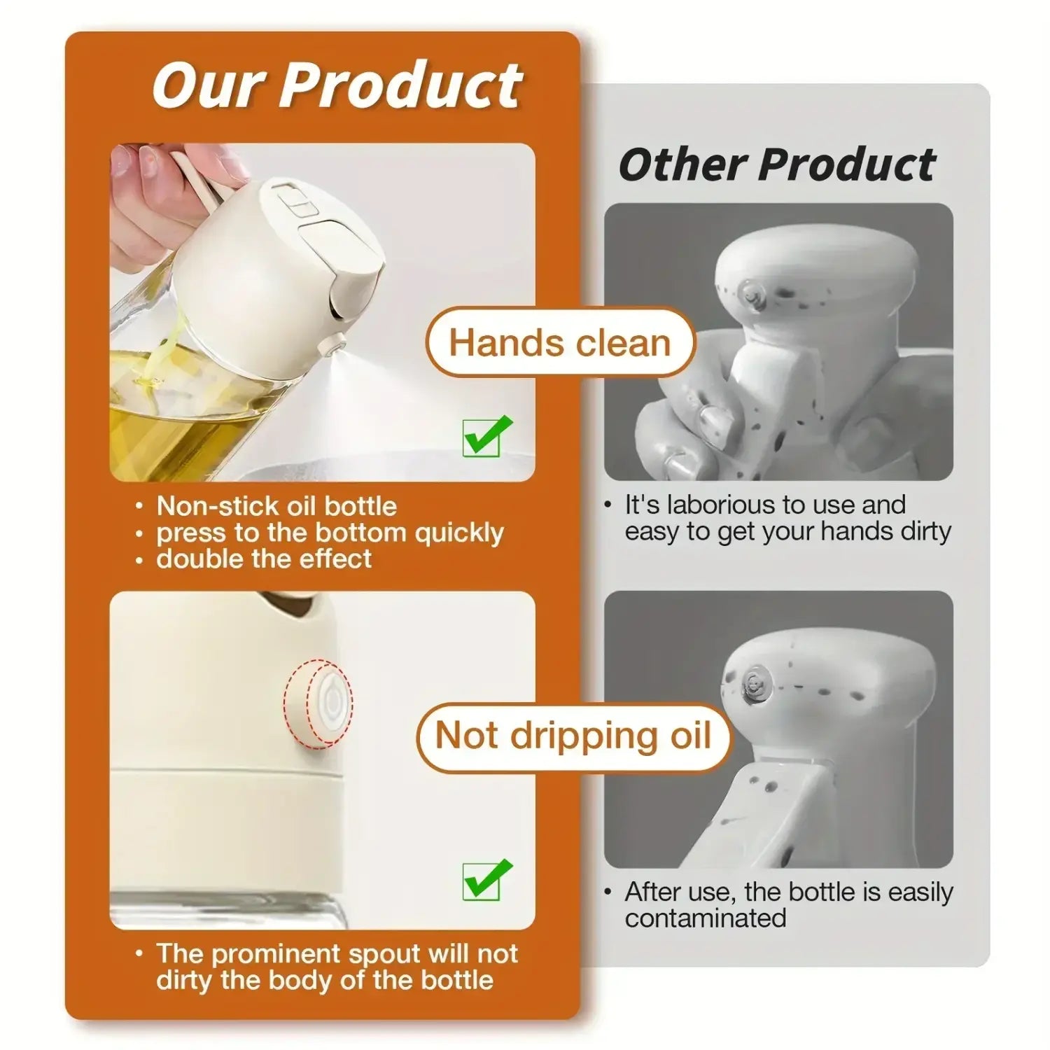vaporisateur d’huile antirayure de couleur crème non adhésive de 500 ml, avec un design moderne élégant et un bec à dégagement par pression pour un versement propre de l’huile de cuisine.